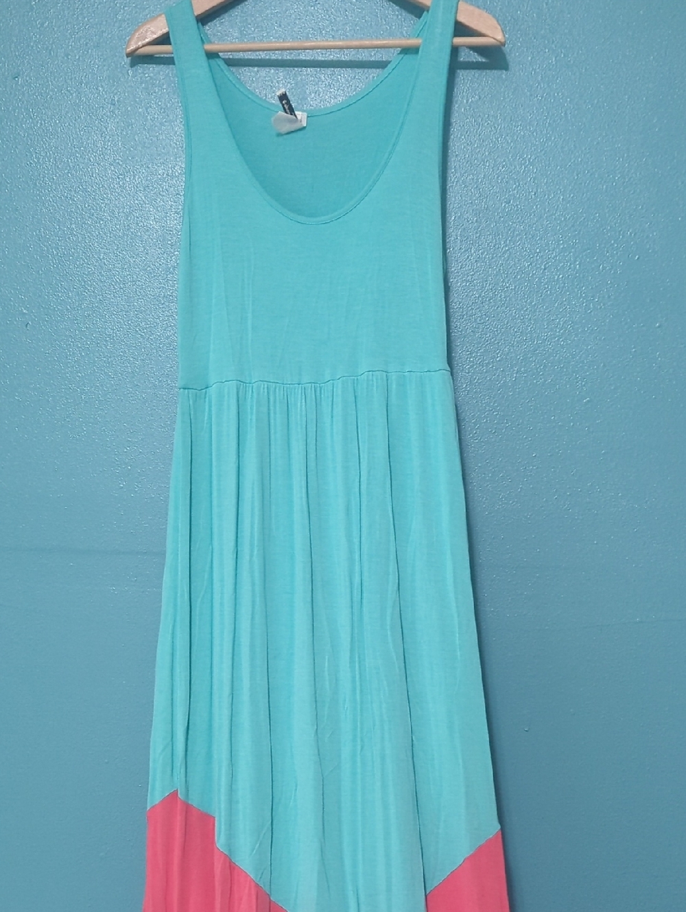 Sleeveless Maxi Dress in Aqua with Coral Accent
